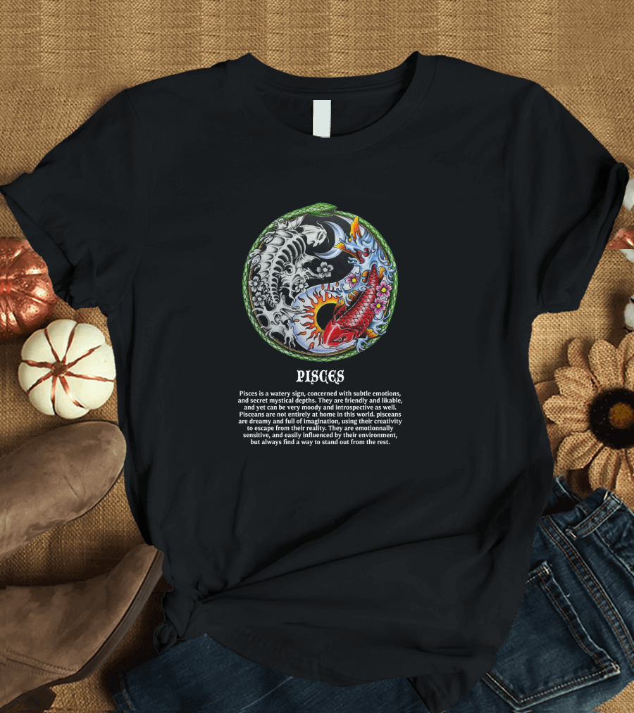 Pisces Koi Fish Yin Yang Floral Tattoo T-Shirt