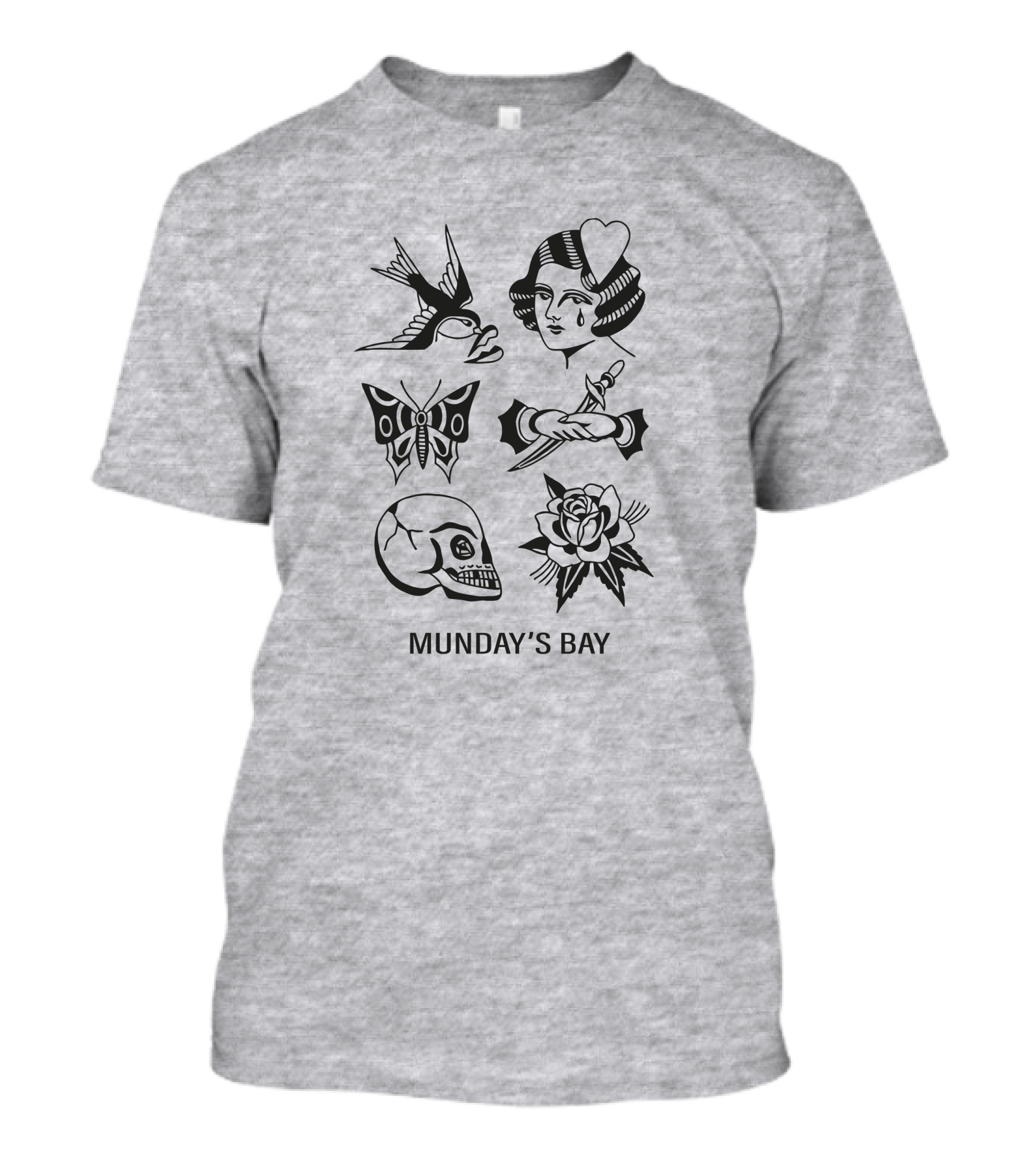 Munday's Bay Traditional Tattoo Style Icons Butterfly Skull Rose Swallow Woman Dagger T-Shirt