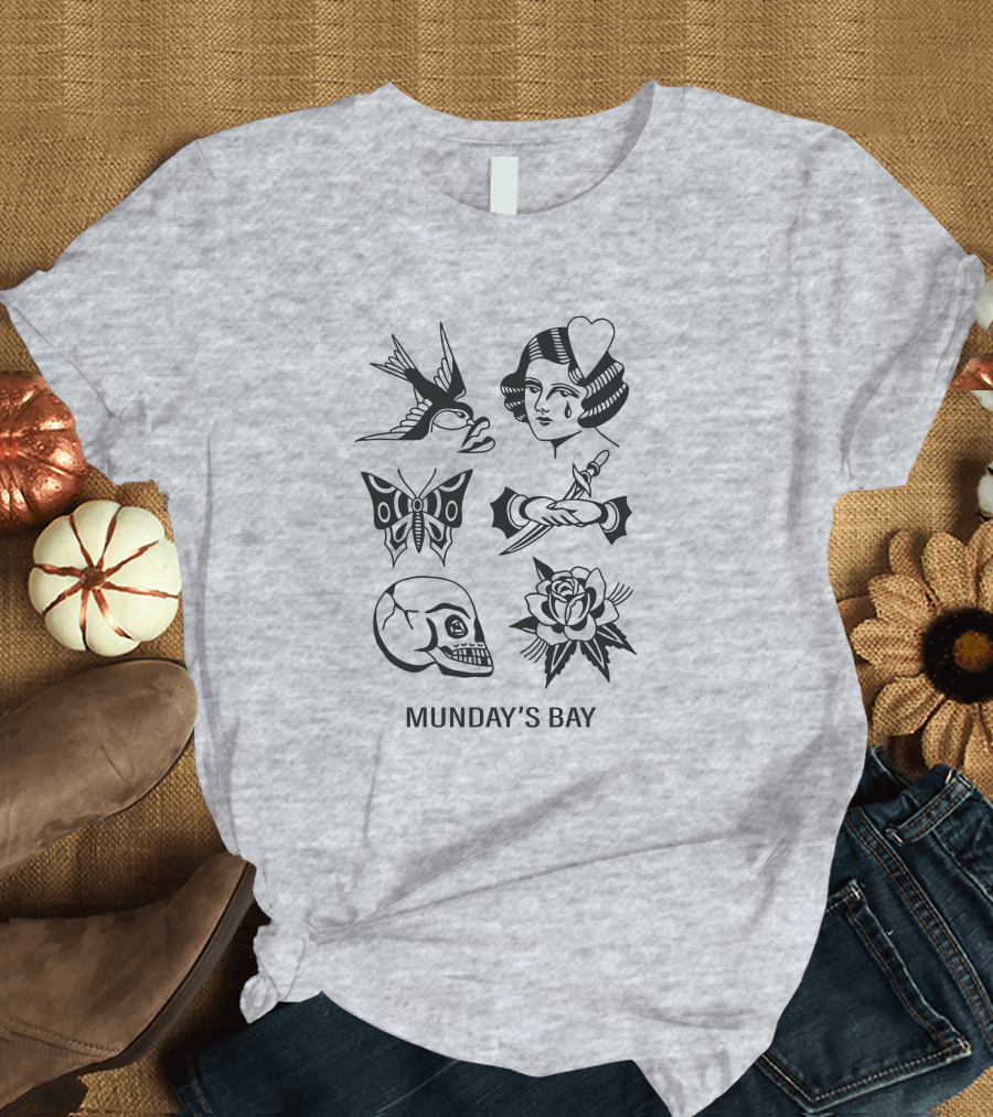 Munday's Bay Traditional Tattoo Style Icons Butterfly Skull Rose Swallow Woman Dagger T-Shirt