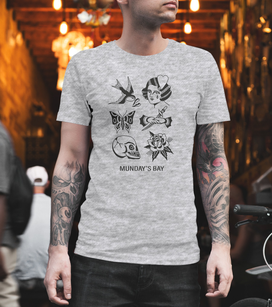 Munday's Bay Traditional Tattoo Style Icons Butterfly Skull Rose Swallow Woman Dagger T-Shirt