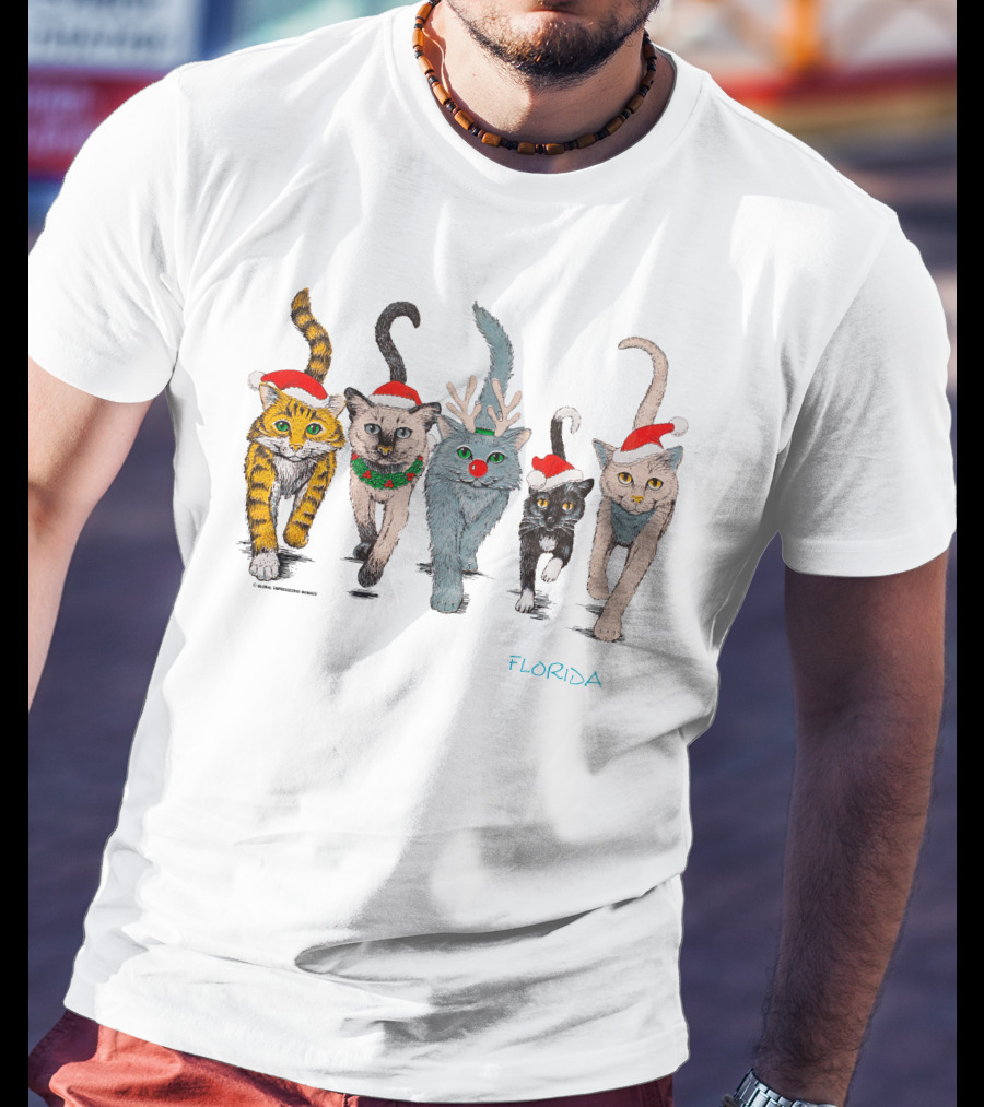 Festive Florida 90s Christmas Cats Holiday Santa Hats And Reindeer Antlers T-Shirt