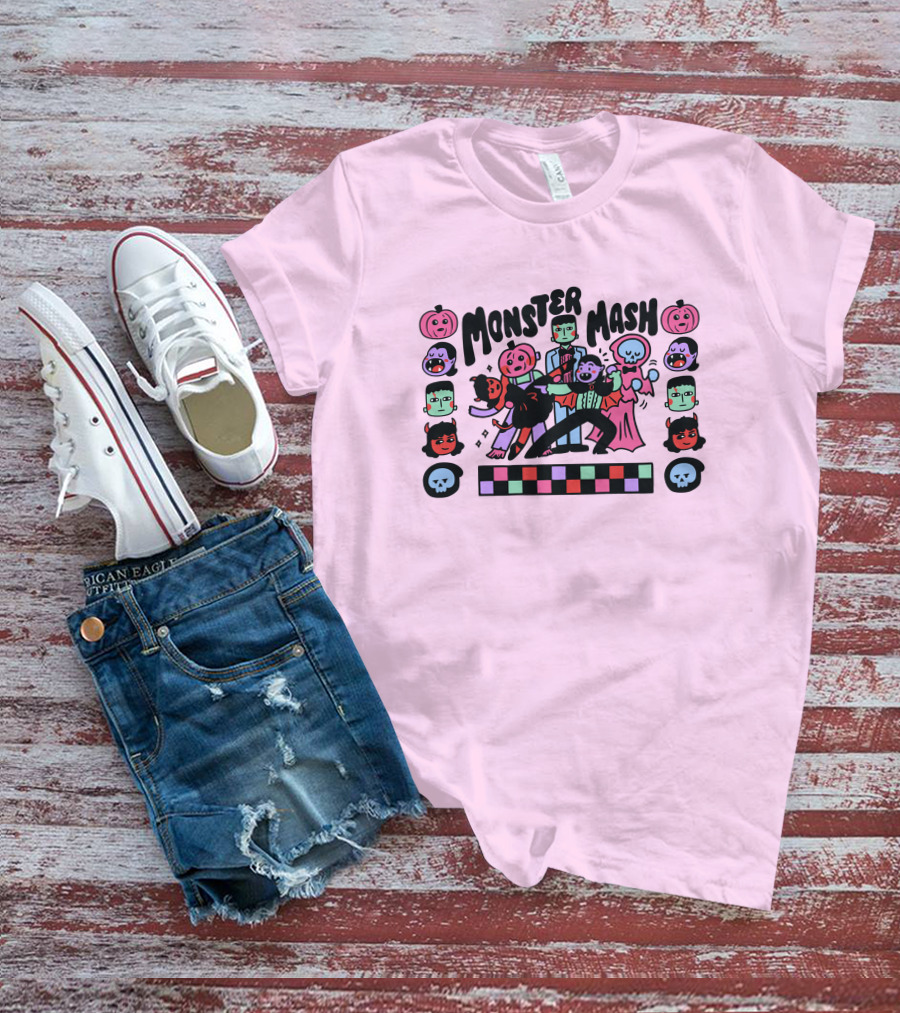 Monster Mash Frankenstein Dracula Ghost Dance Halloween Pumpkins Skulls T-Shirt