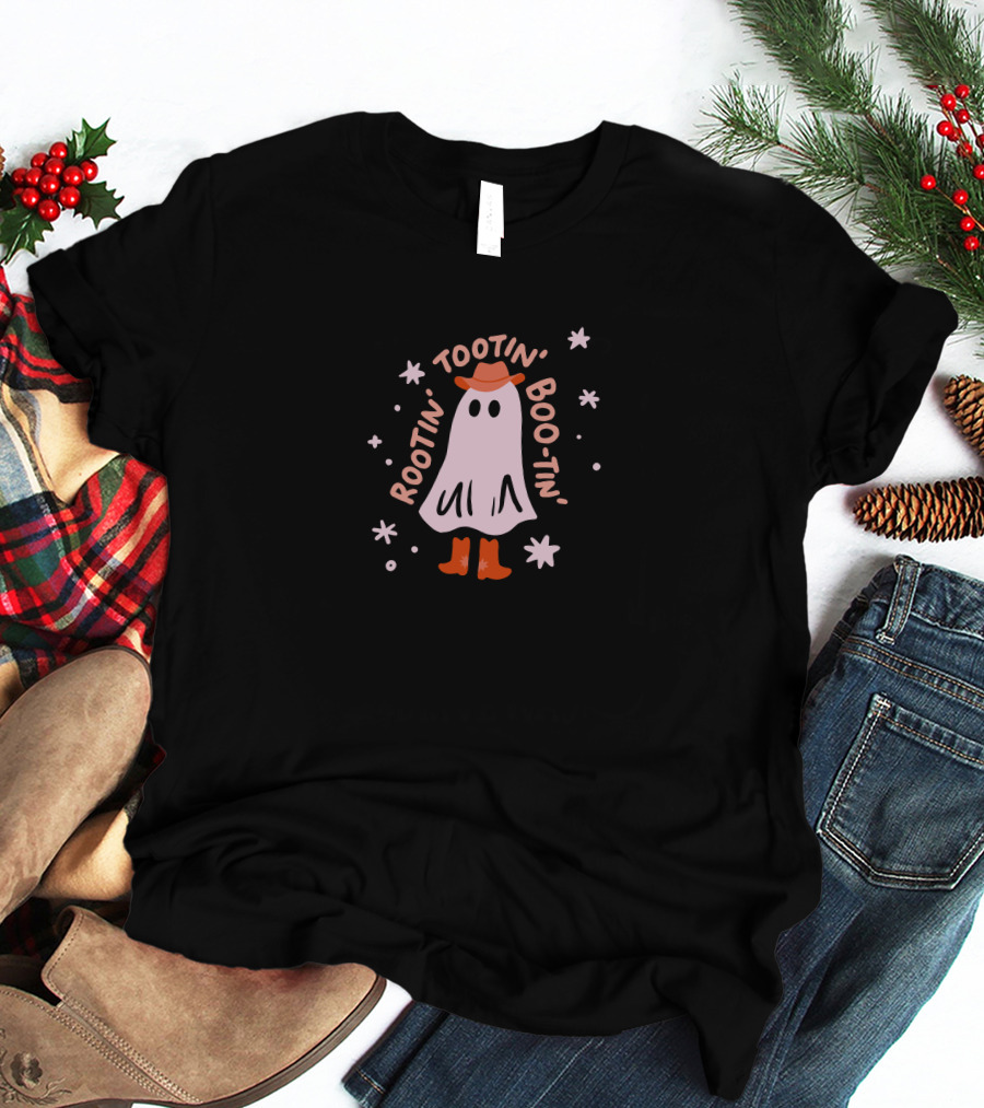 Rootin Tootin Boo Tin Ghost With Cowboy Hat And Boots Surrounded By Stars T-Shirt