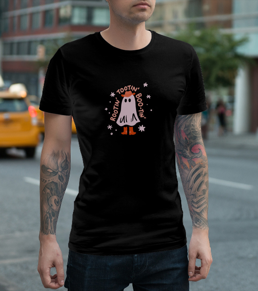 Rootin Tootin Boo Tin Ghost With Cowboy Hat And Boots Surrounded By Stars T-Shirt