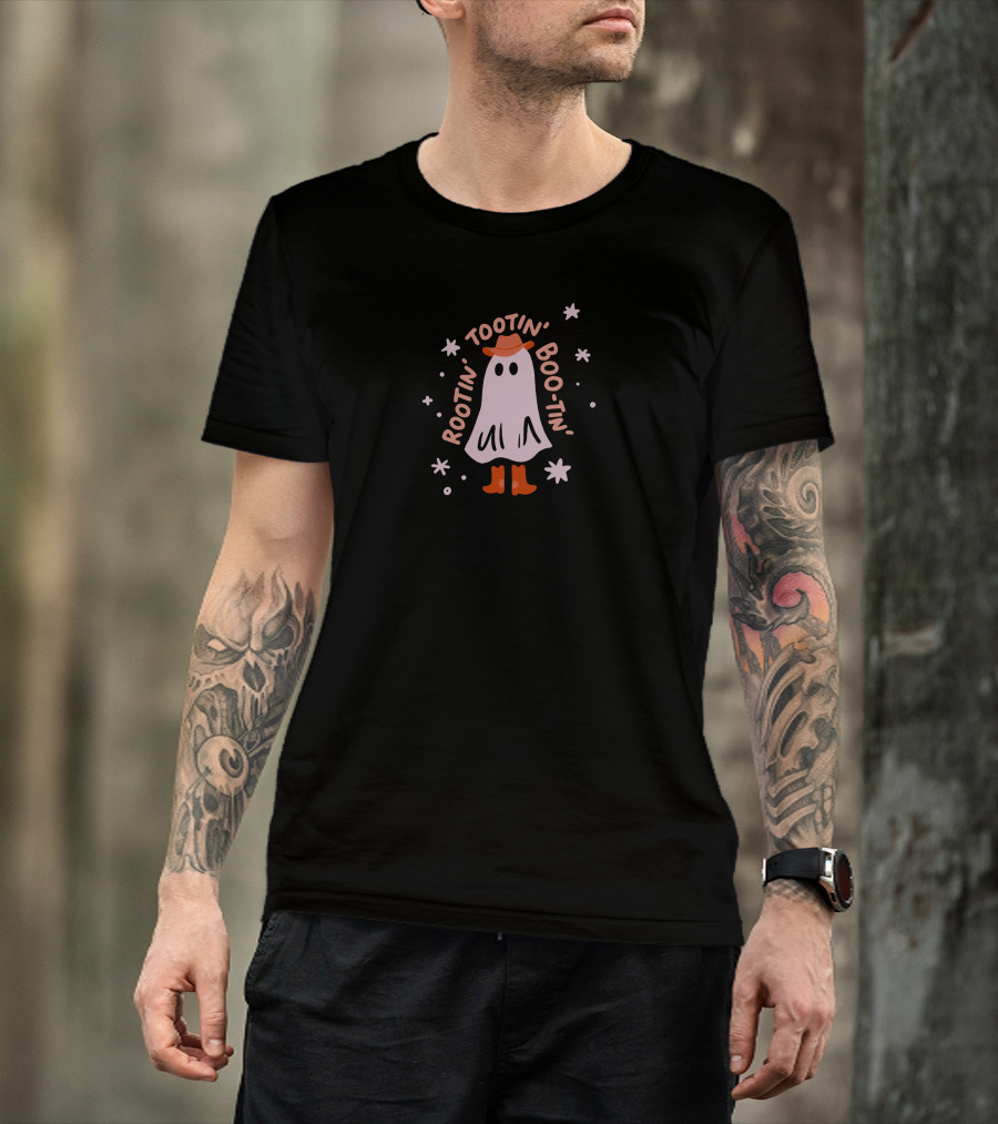 Rootin Tootin Boo Tin Ghost With Cowboy Hat And Boots Surrounded By Stars T-Shirt
