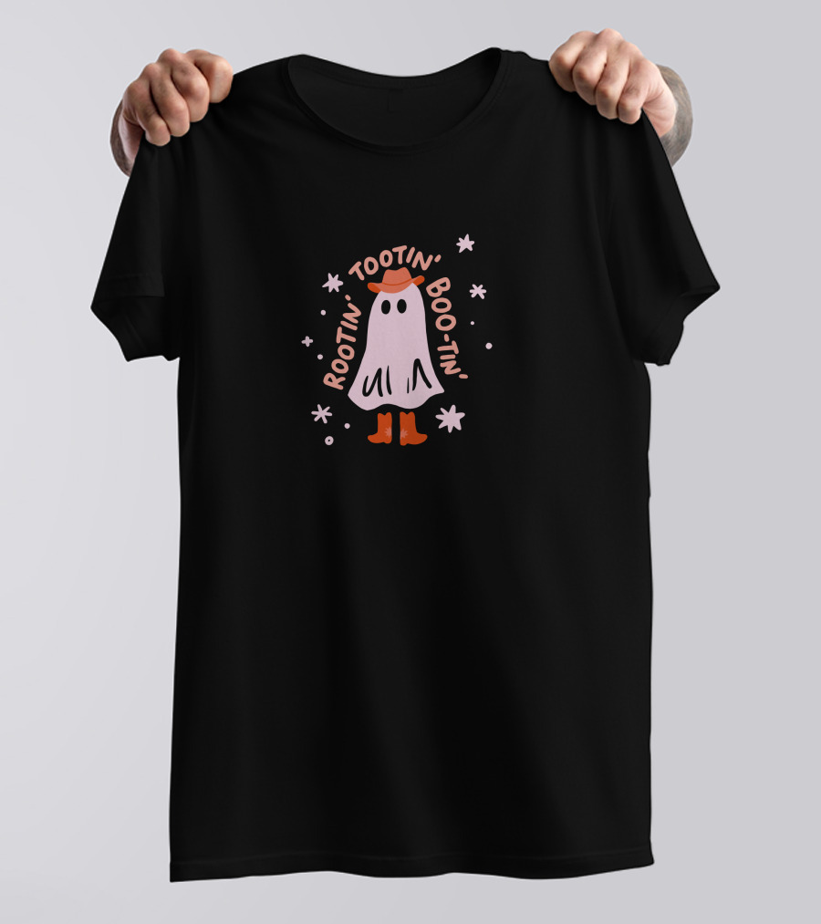 Rootin Tootin Boo Tin Ghost With Cowboy Hat And Boots Surrounded By Stars T-Shirt