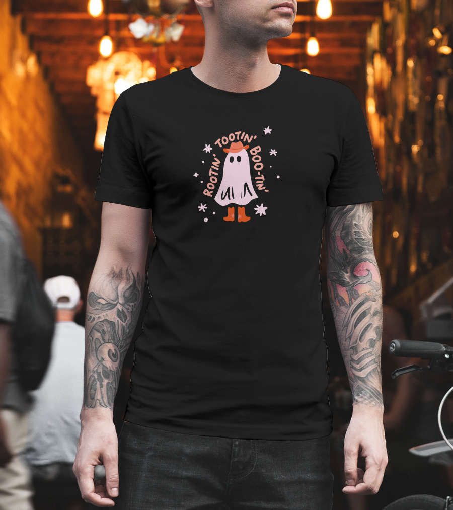 Rootin Tootin Boo Tin Ghost With Cowboy Hat And Boots Surrounded By Stars T-Shirt