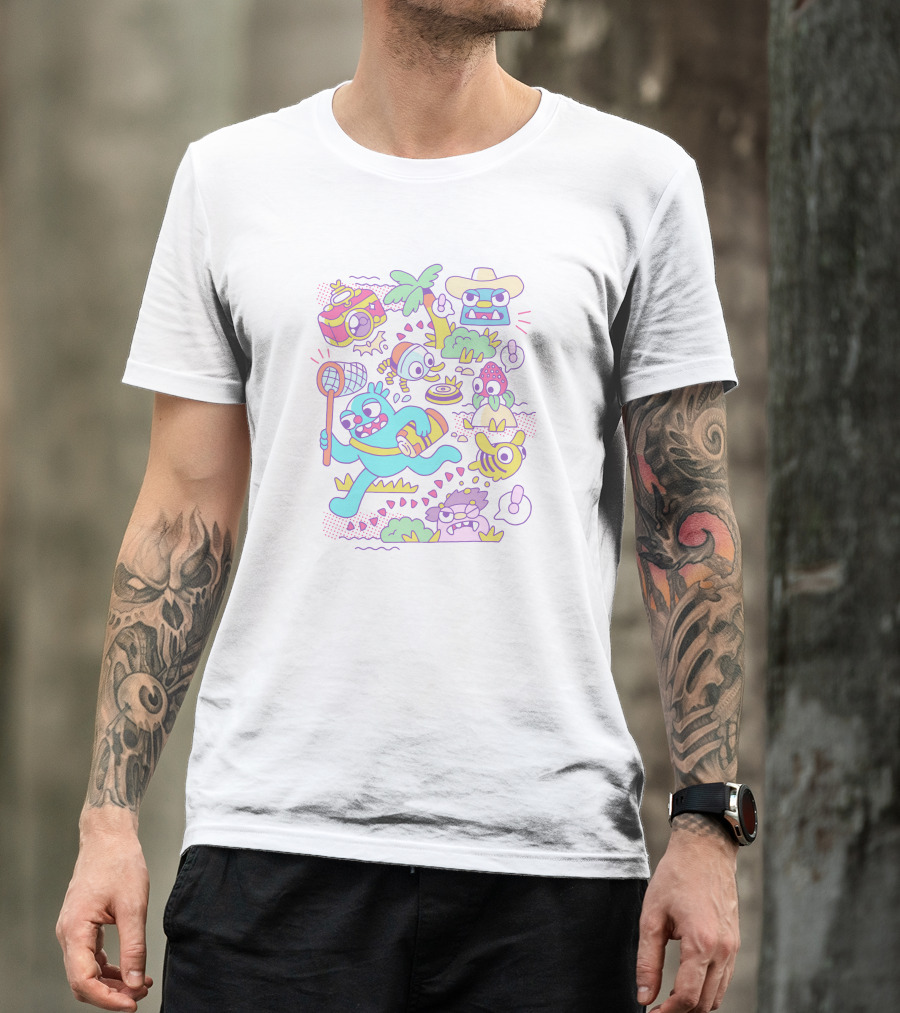 Tropical Adventure With Island Creatures And Playful Characters T-Shirt