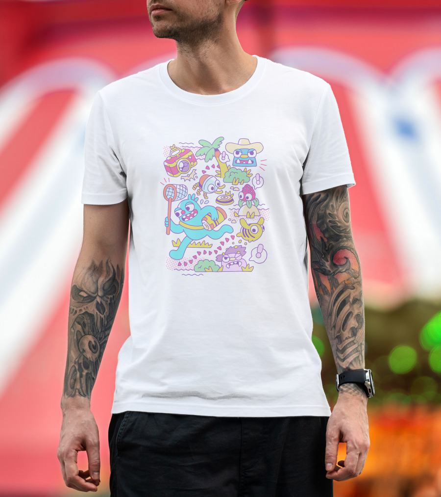 Tropical Adventure With Island Creatures And Playful Characters T-Shirt