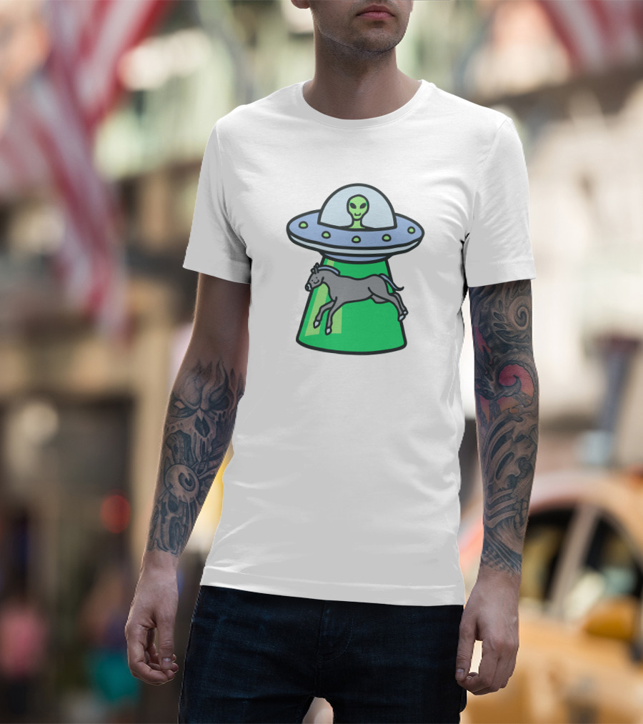 Alex's Stupid Studio Alien Lime UFO Abducting Horse T-Shirt