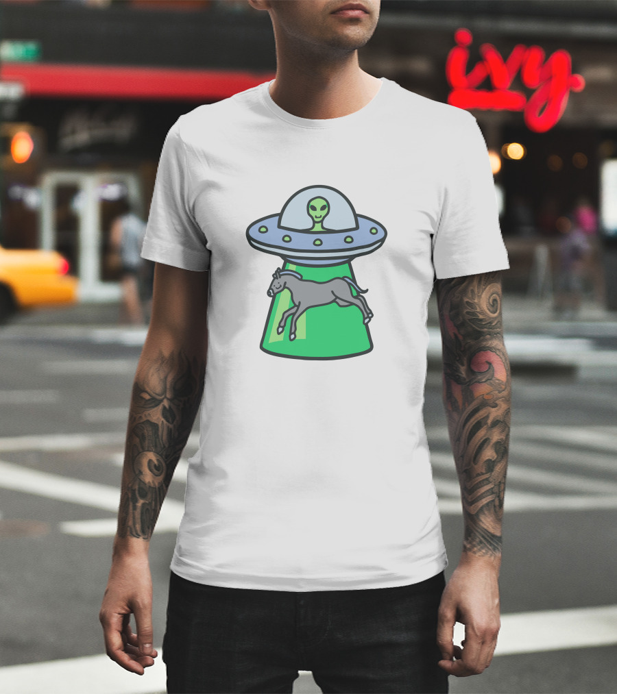 Alex's Stupid Studio Alien Lime UFO Abducting Horse T-Shirt