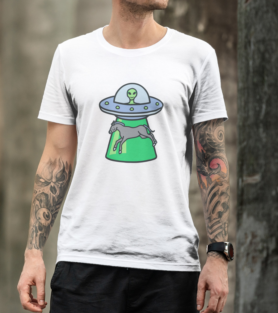 Alex's Stupid Studio Alien Lime UFO Abducting Horse T-Shirt