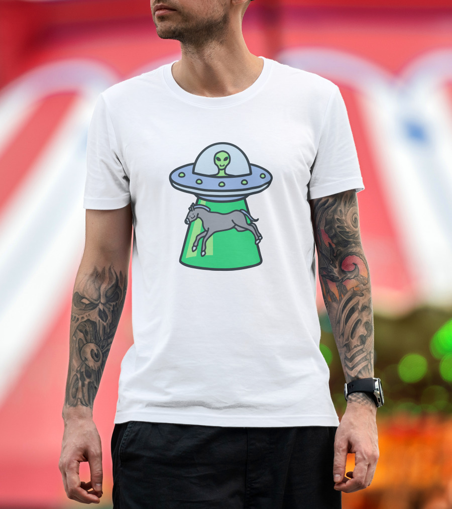 Alex's Stupid Studio Alien Lime UFO Abducting Horse T-Shirt