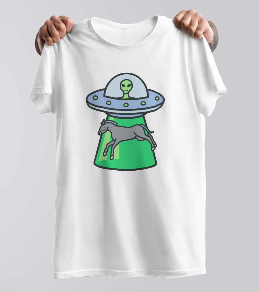 Alex's Stupid Studio Alien Lime UFO Abducting Horse T-Shirt