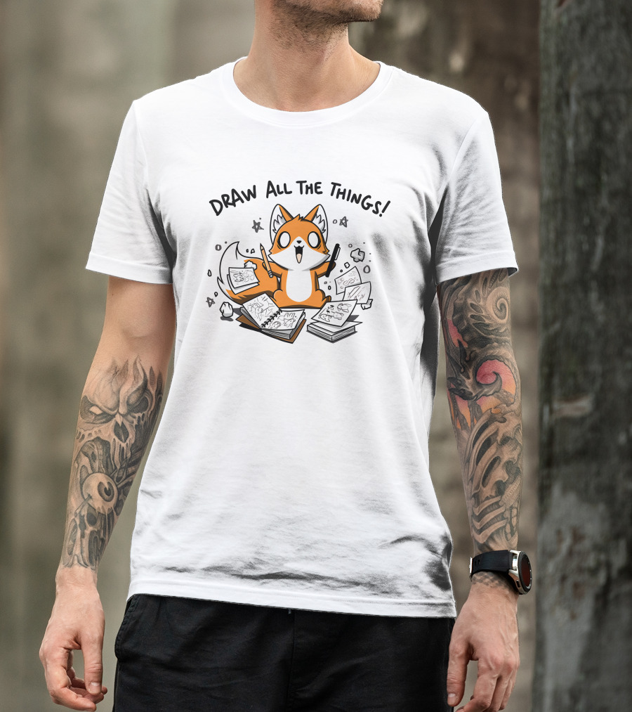 Fox With Sketchbooks And Pens Enthusiastically Draw All The Things T-Shirt