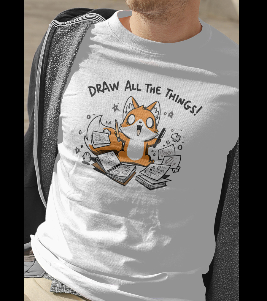 Fox With Sketchbooks And Pens Enthusiastically Draw All The Things T-Shirt