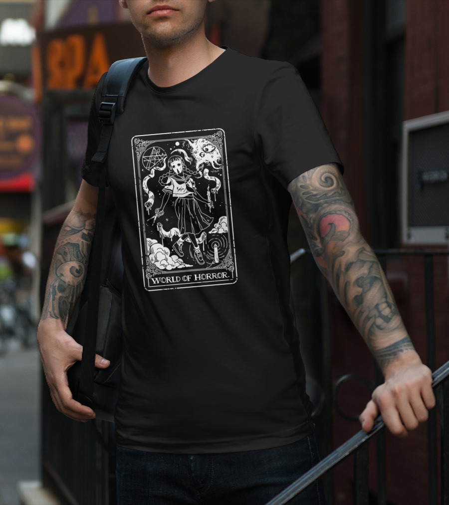 World Of Horror Ominous Tarot Card Art With Skeleton Ghosts And Moon T-Shirt