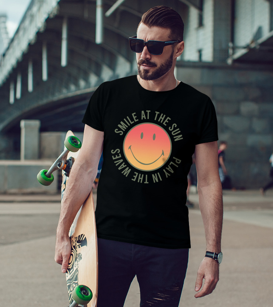 Smile At The Sun Play In The Waves Sunset Gradient Smiley Face T-Shirt