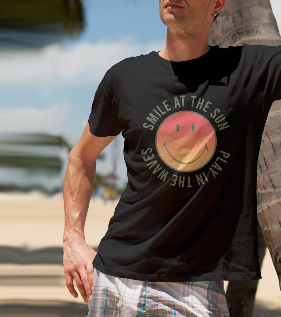 Smile At The Sun Play In The Waves Sunset Gradient Smiley Face T-Shirt
