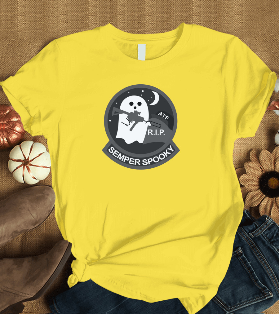 Semper Spooky Ghost With ATF Rifle And RIP Moon Badge T-Shirt