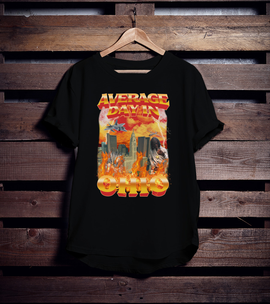 Average Day In Ohio Flaming Cityscape Fighter Jets Chaos T-Shirt