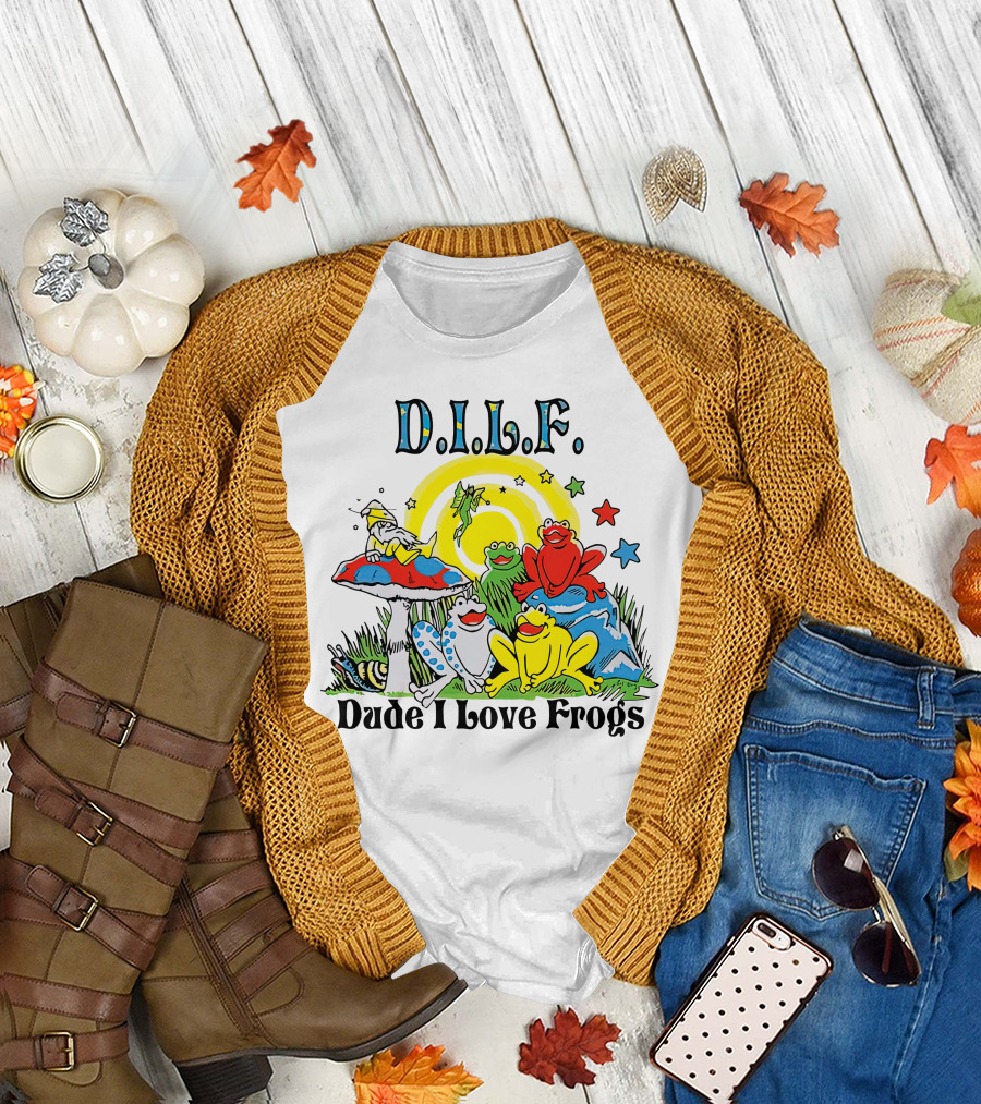 D.I.L.F. Dude I Love Frogs Colorful Frog Scene With Stars And Mushrooms T-Shirt