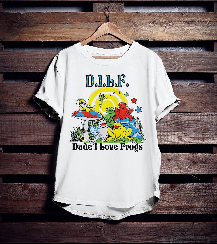 D.I.L.F. Dude I Love Frogs Colorful Frog Scene With Stars And Mushrooms T-Shirt