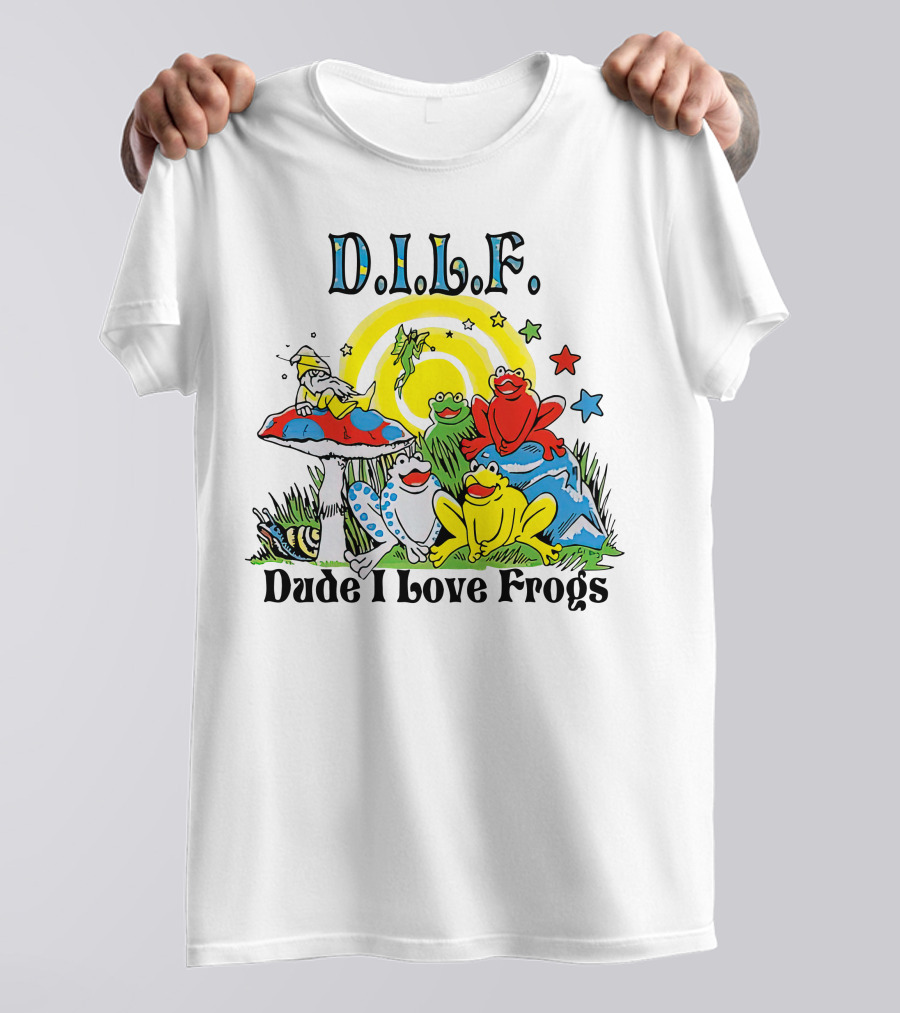 D.I.L.F. Dude I Love Frogs Colorful Frog Scene With Stars And Mushrooms T-Shirt