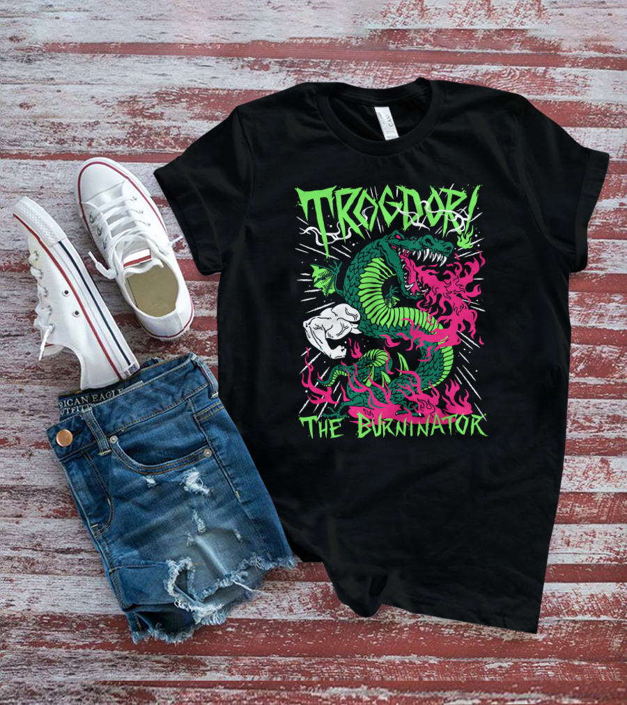Trogdor The Burninator Green Dragon With Fire And Muscular Arm T-Shirt