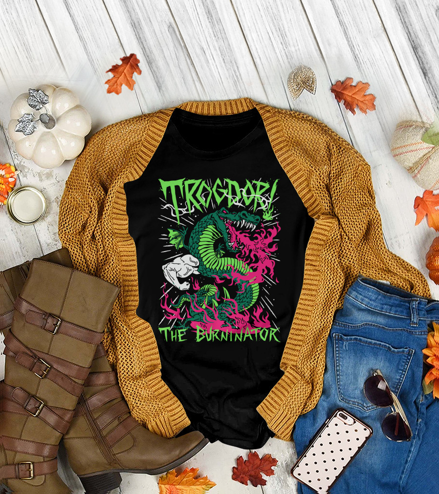 Trogdor The Burninator Green Dragon With Fire And Muscular Arm T-Shirt