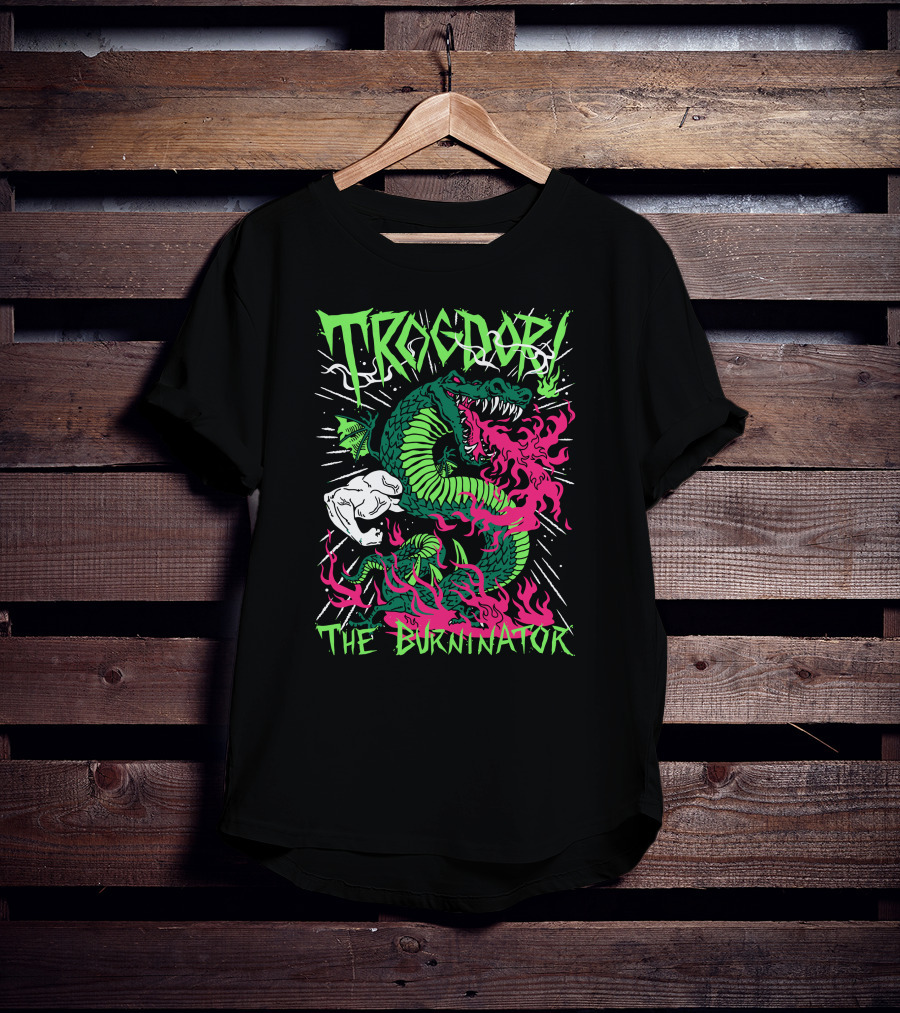 Trogdor The Burninator Green Dragon With Fire And Muscular Arm T-Shirt
