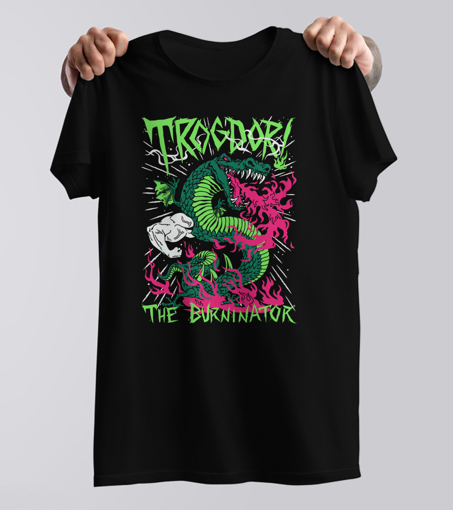Trogdor The Burninator Green Dragon With Fire And Muscular Arm T-Shirt