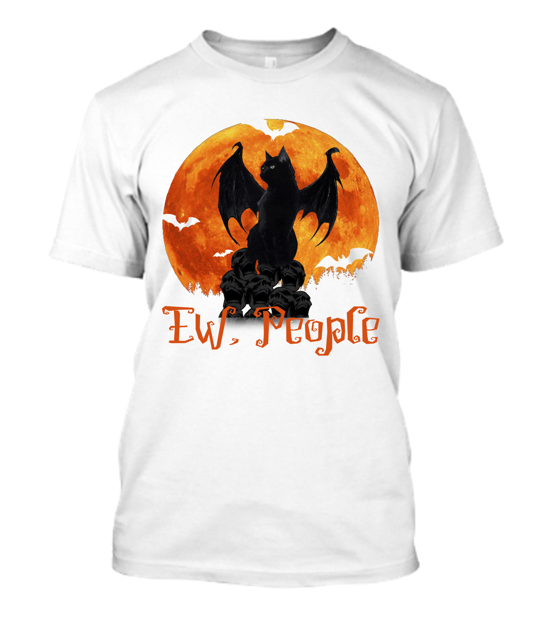 Ew People Black Cat With Bat Wings Halloween Orange Moon T-Shirt