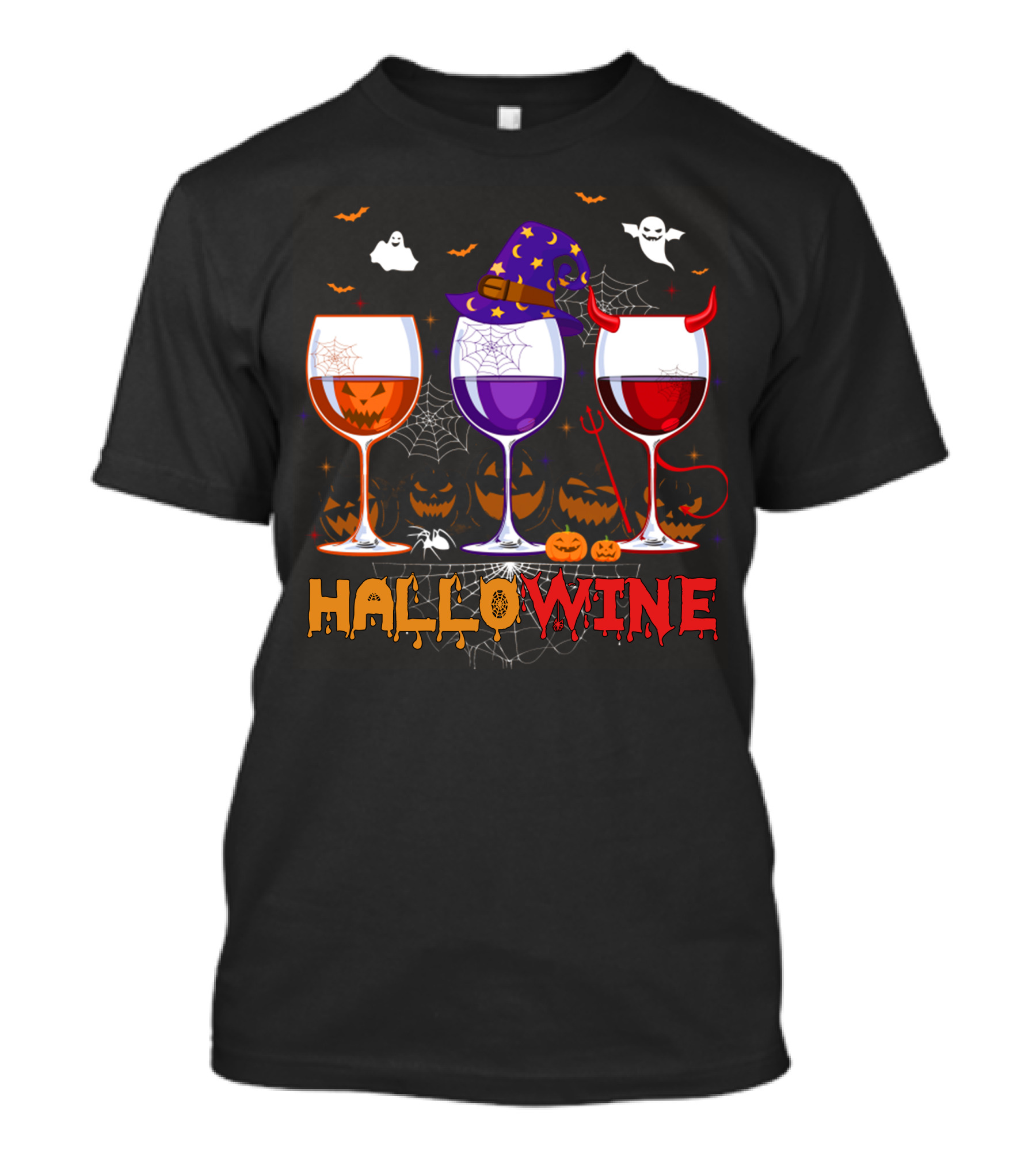 Haloween Hallowine Witch Hat Devil Horns Jack-O'-Lanterns Wine Glasses T-Shirt