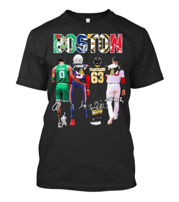 Boston Celtics Patriots Bruins Red Sox Tatum Iddon Marchand Signatures T-Shirt