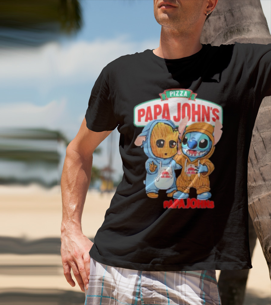 Papa John's Pizza With Groot And Stitch Characters T-Shirt