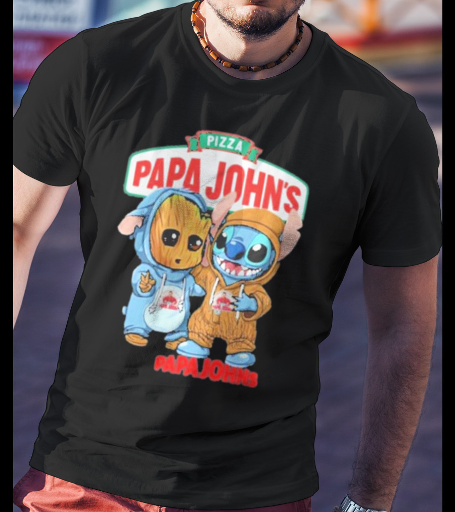 Papa John's Pizza With Groot And Stitch Characters T-Shirt