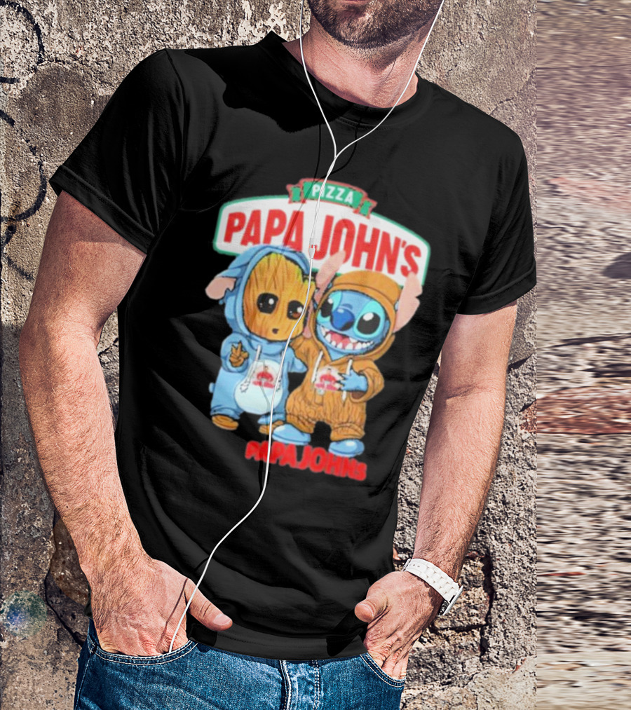 Papa John's Pizza With Groot And Stitch Characters T-Shirt