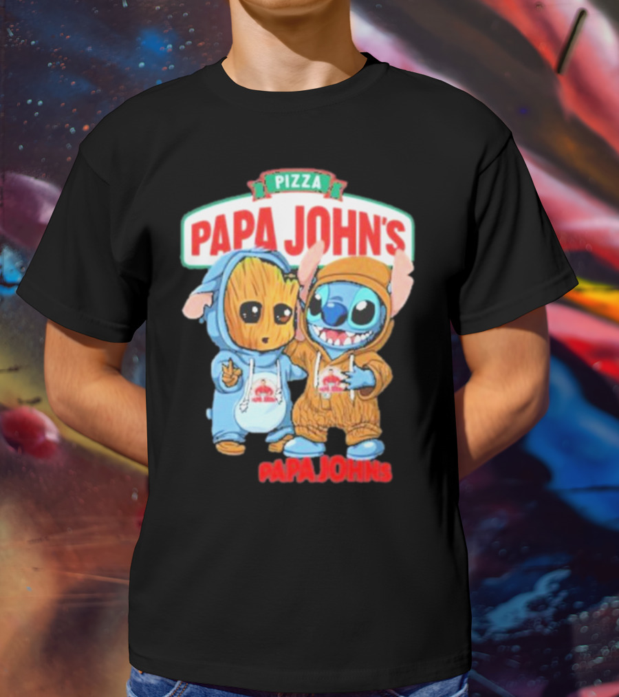 Papa John's Pizza With Groot And Stitch Characters T-Shirt
