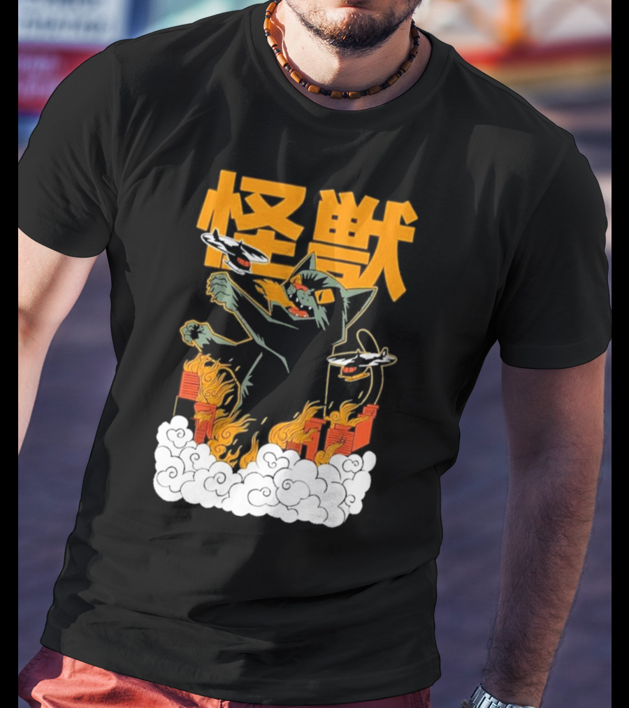 Kaiju No 8 Monster Cat Attack With Helicopters And Flames T-Shirt