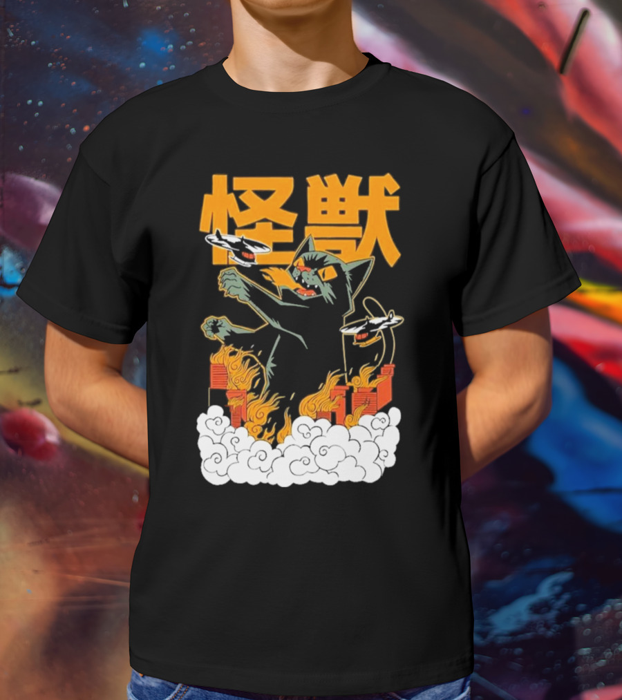 Kaiju No 8 Monster Cat Attack With Helicopters And Flames T-Shirt