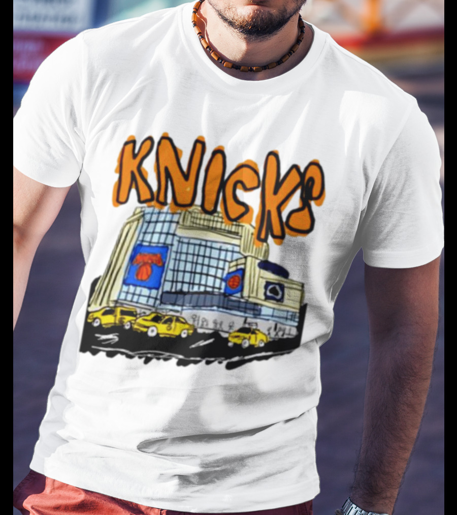 Knicks New York City Taxi Sketch With Arena Background T-Shirt