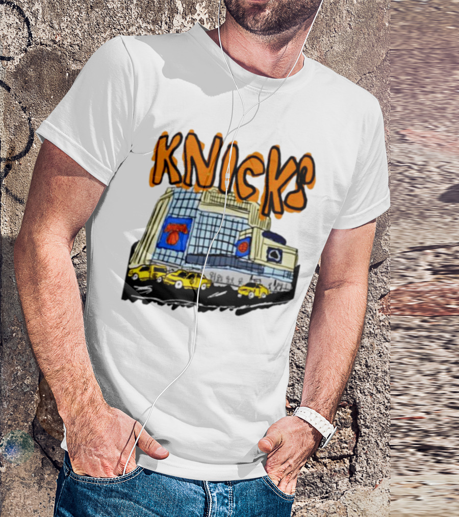 Knicks New York City Taxi Sketch With Arena Background T-Shirt