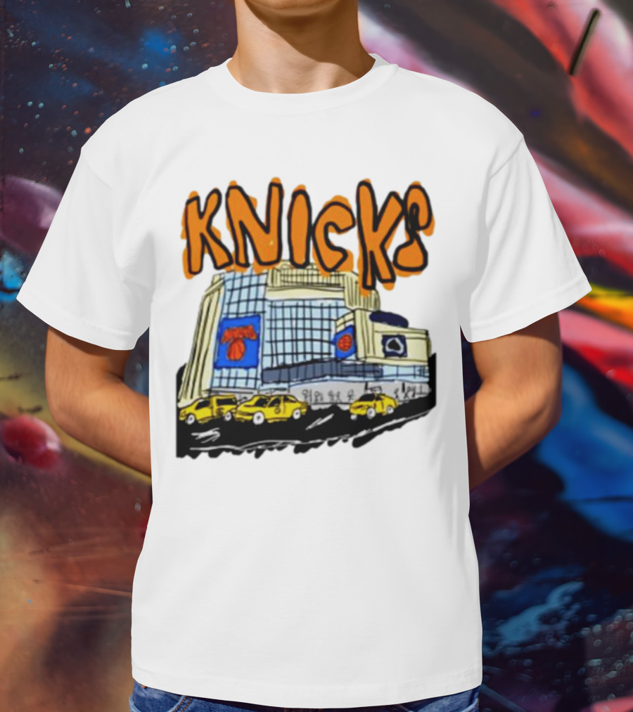Knicks New York City Taxi Sketch With Arena Background T-Shirt