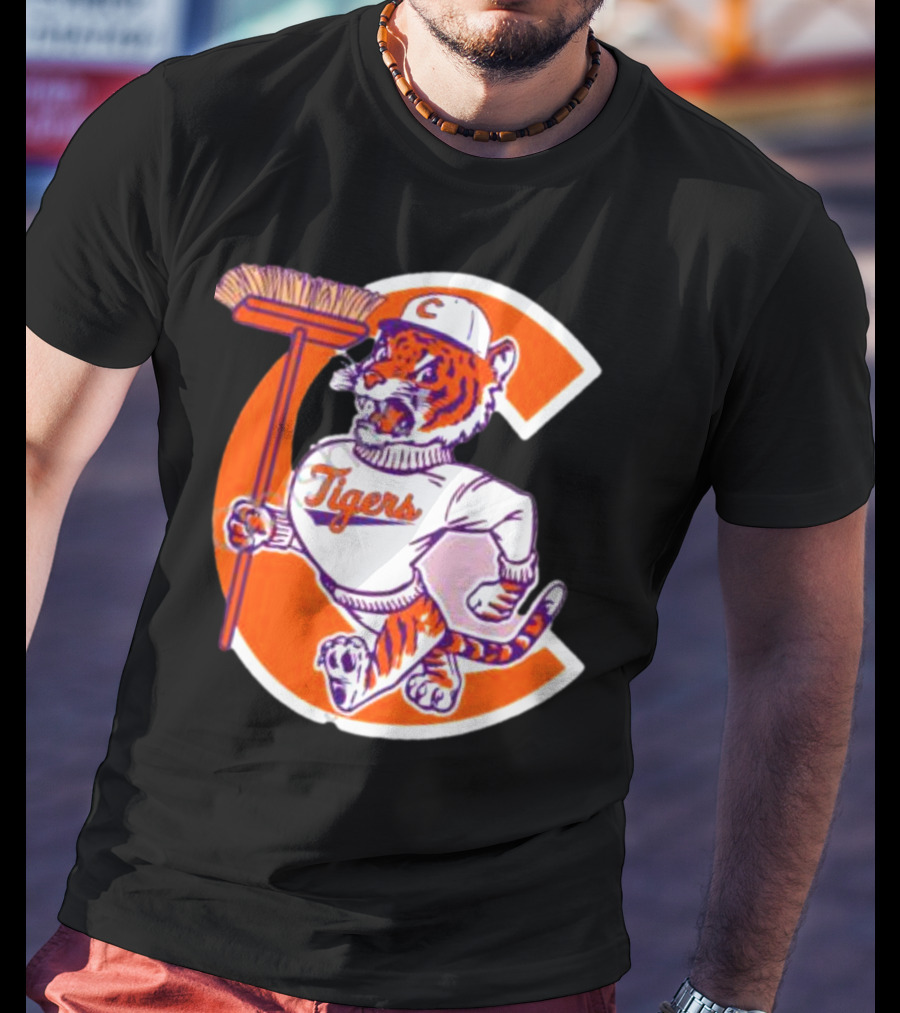 Clemson Tigers Vintage Logo With Broom And Letter C T-Shirt