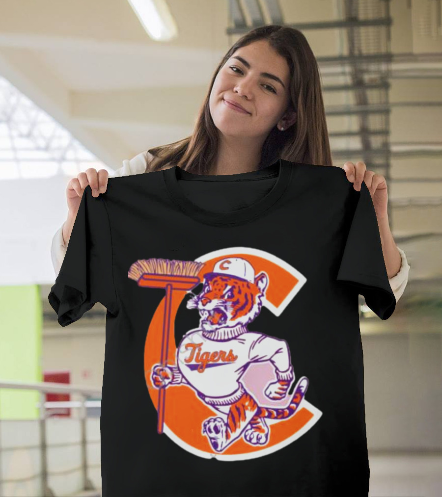 Clemson Tigers Vintage Logo With Broom And Letter C T-Shirt