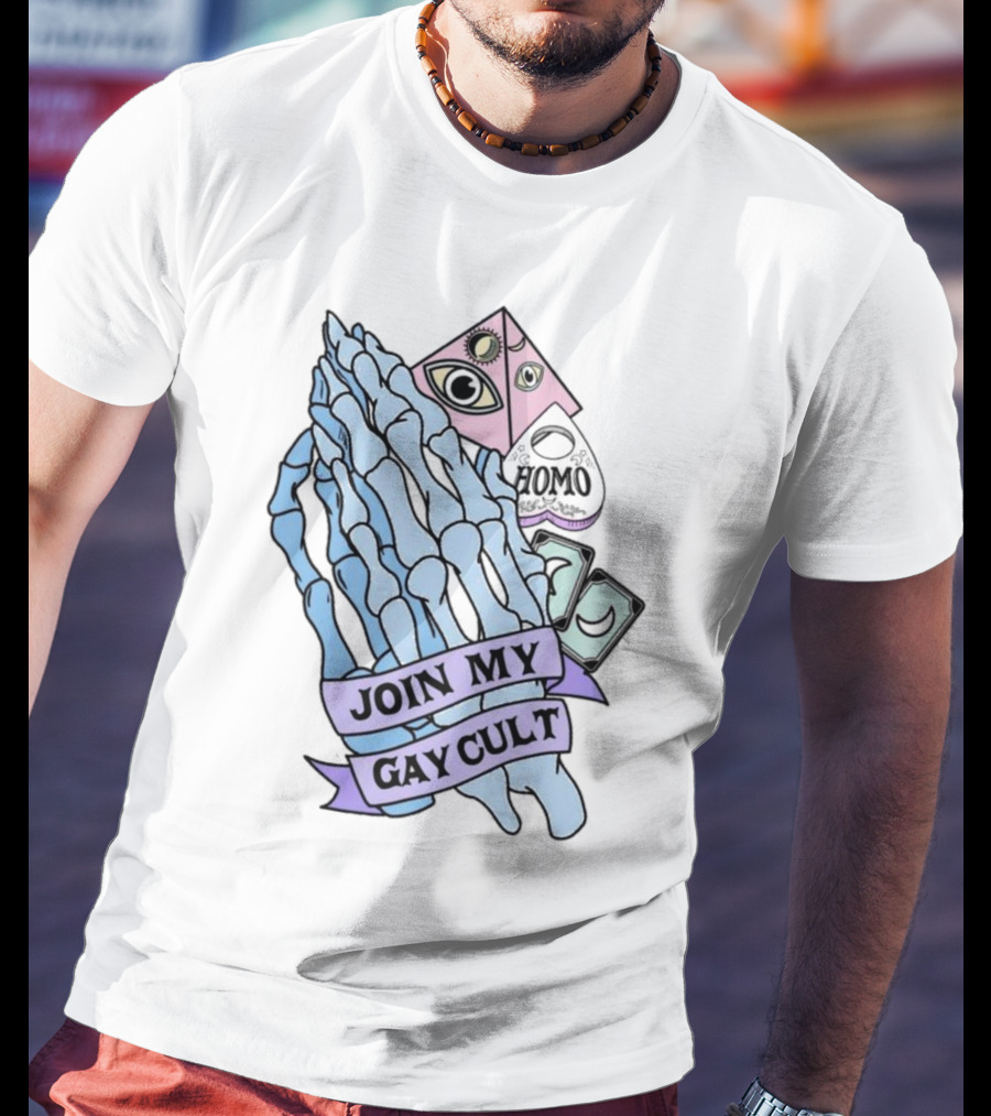 JOIN MY GAY CULT HOMO EYE PYRAMID SKELETON HANDS T-Shirt