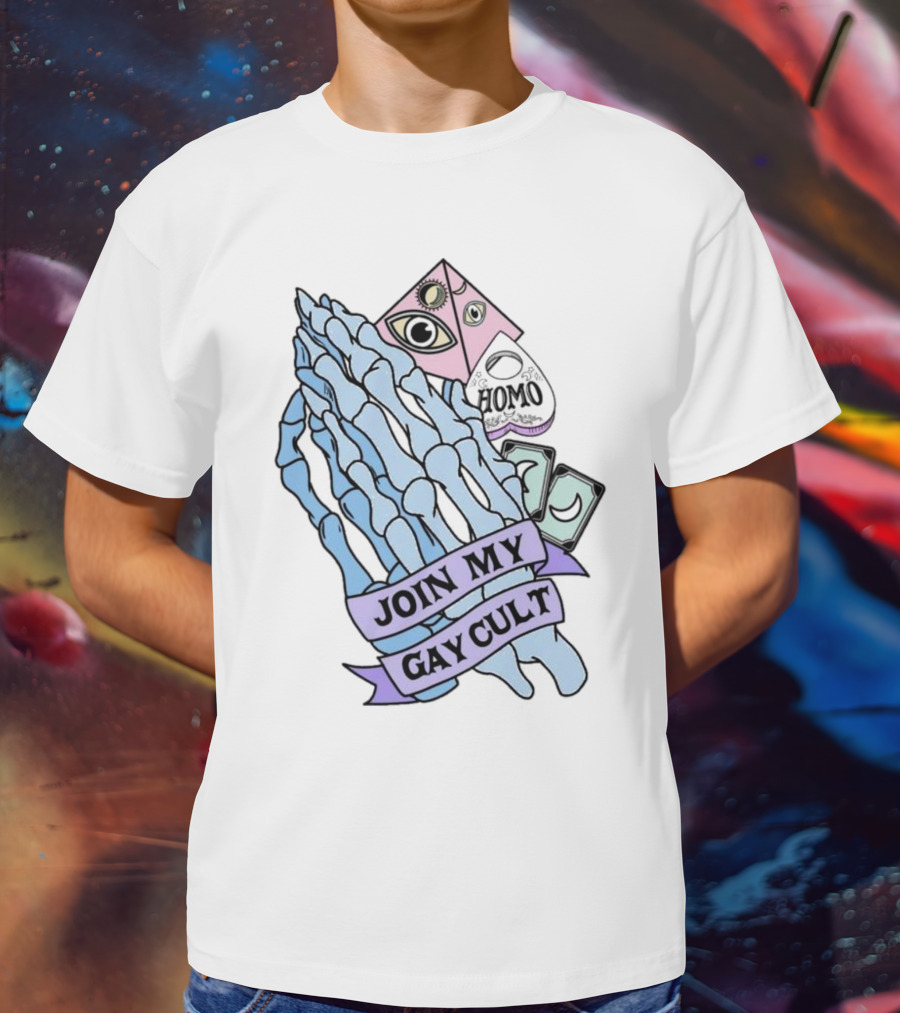 JOIN MY GAY CULT HOMO EYE PYRAMID SKELETON HANDS T-Shirt