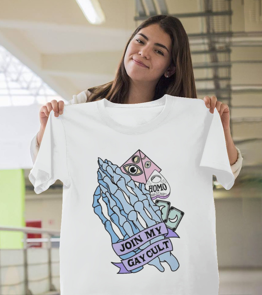 JOIN MY GAY CULT HOMO EYE PYRAMID SKELETON HANDS T-Shirt