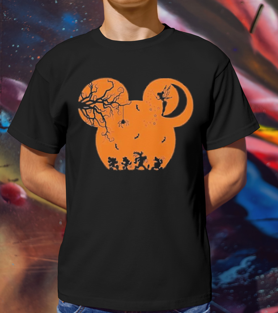 Disney Halloween Not So Scary Party Mickey Silhouette With Tinkerbell And Characters T-Shirt